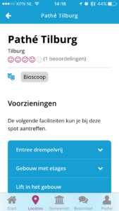 Screenshot van Pathé Tilburg in de Ongehinderd app.